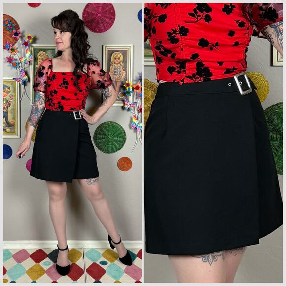 Vintage Dresses & Skirts - Vintage 1980s Black High Waist Mini Wrap Skirt